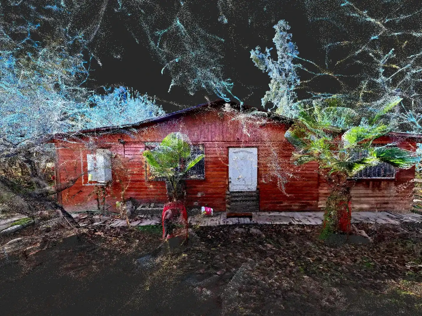 Nube de puntos LIDAR de un terreno en Doñihue, con una casa existente y su vegetación